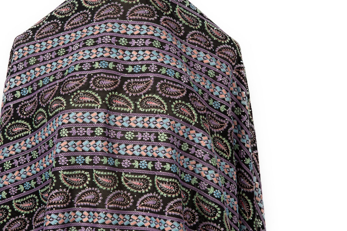 Paisley & Geometric Striped Sequined Georgette Fabric | Boho Resort Wear