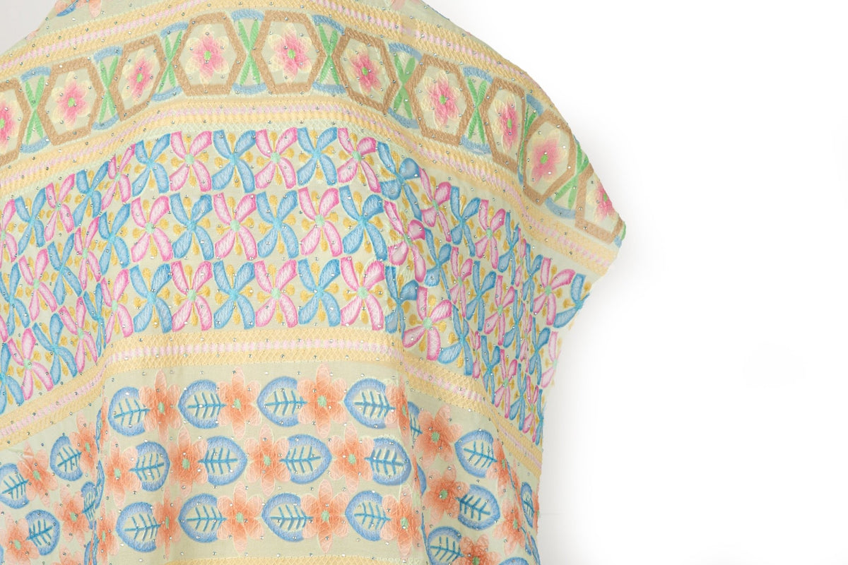Geometric Hexagon & Floral Striped Sequined Georgette | Pastel Summer Fabric