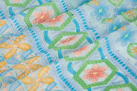 Geometric Hexagon & Floral Striped Sequined Georgette | Pastel Summer Fabric