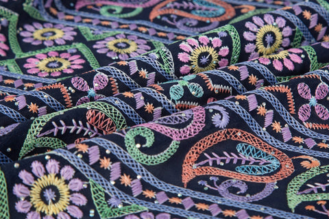 Multicolor Paisley & Geometric Striped Sequined Georgette Fabric | Ethnic Resort Wear