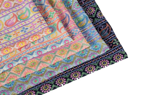 Multicolor Paisley & Geometric Striped Sequined Georgette Fabric | Ethnic Resort Wear