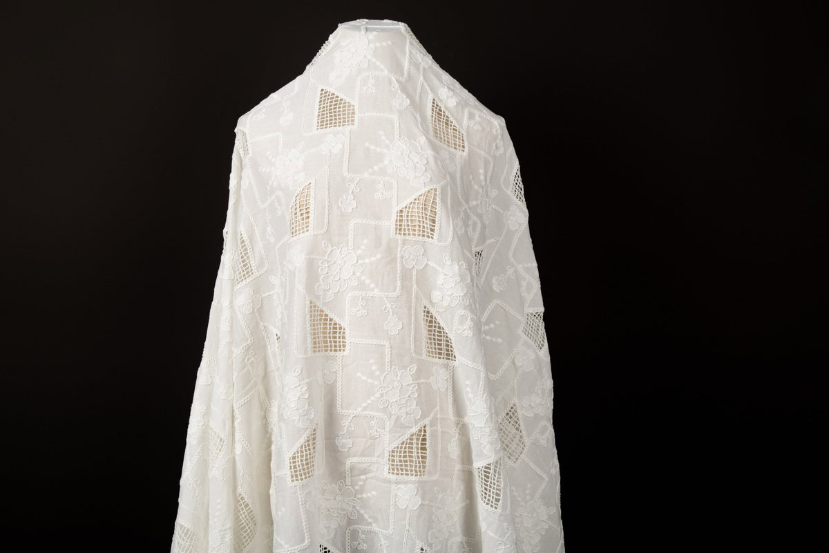 [Lattice Labyrinth Series] Geometric Stair-Step Cutwork & Floral Embroidered Fabric | Architectural Chic