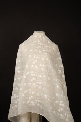 [Dandelion Song Series] 3D Pom-Pom Floral Embroidered Crinkled Chiffon | Boho Cottagecore Fabric