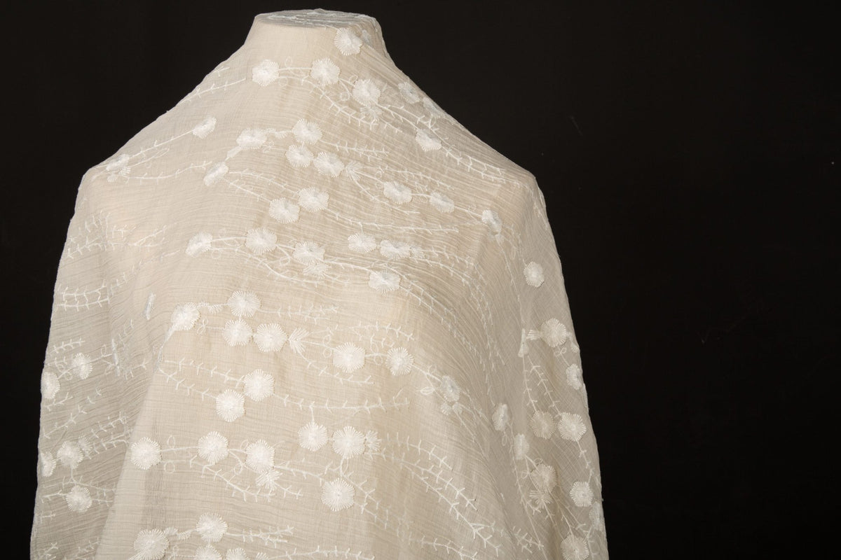 [Dandelion Song Series] 3D Pom-Pom Floral Embroidered Crinkled Chiffon | Boho Cottagecore Fabric