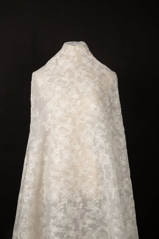 [Moonlight Garden Series] Vintage White Rose Embroidered Chiffon Fabric | For Bridal & Couture