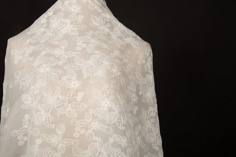[Moonlight Garden Series] Vintage White Rose Embroidered Chiffon Fabric | For Bridal & Couture