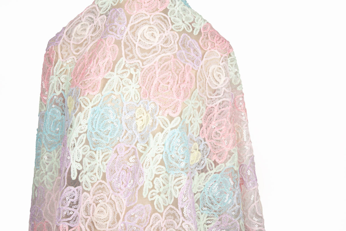Macaron Rose Floral Lace Embroidery Sequin Mesh Fabric (Two Colors)
