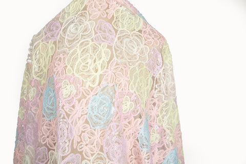 Macaron Rose Floral Lace Embroidery Sequin Mesh Fabric (Two Colors)