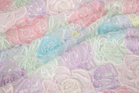 Macaron Rose Floral Lace Embroidery Sequin Mesh Fabric (Two Colors)