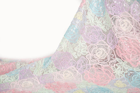Macaron Rose Floral Lace Embroidery Sequin Mesh Fabric (Two Colors)