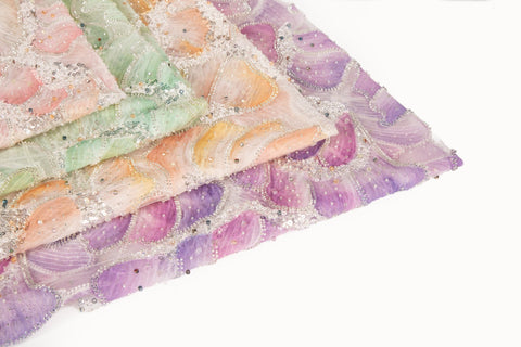 Watercolor Gradient Feather Sequin Heavy Embroidery Mesh Fabric Series (Four Artistic Blends)