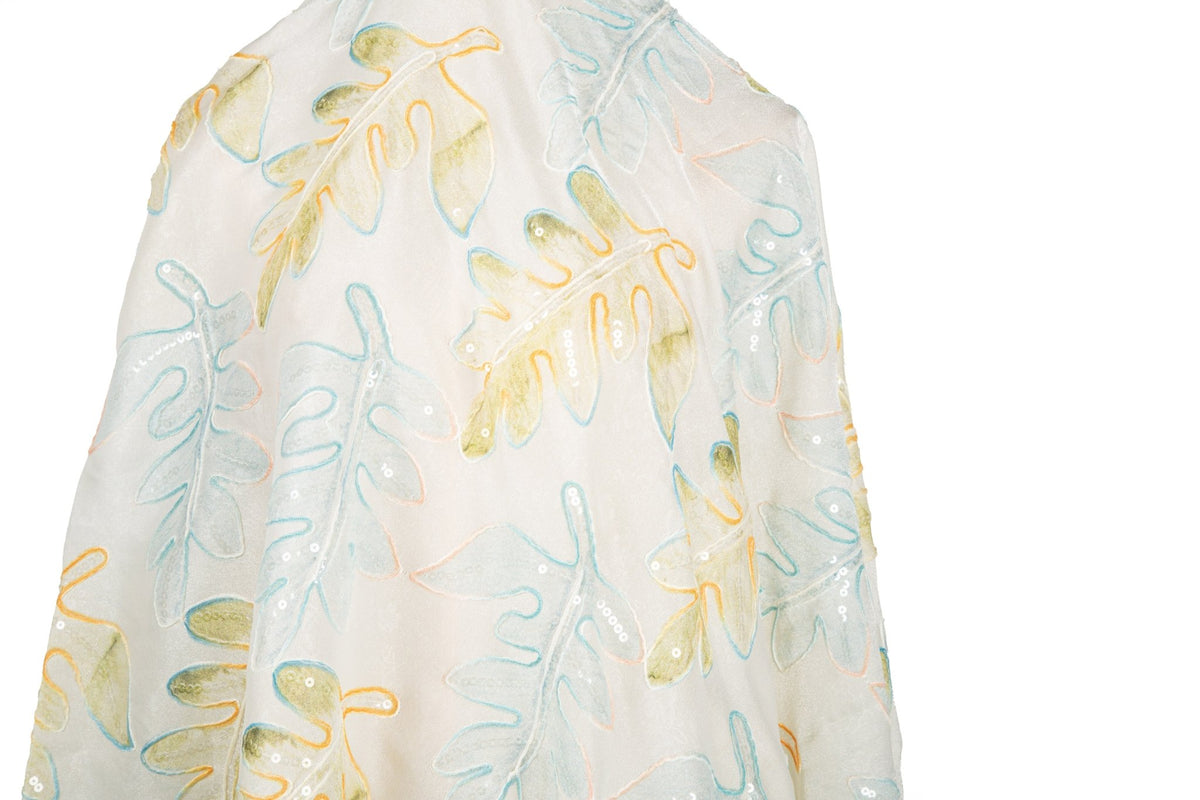 Watercolor Promenade: Abstract Leaf Embroidery Sequin Silk Sheer Fabric Series