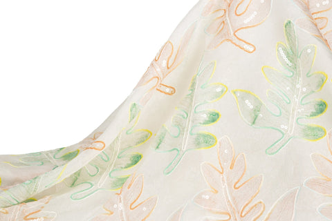 Watercolor Promenade: Abstract Leaf Embroidery Sequin Silk Sheer Fabric Series