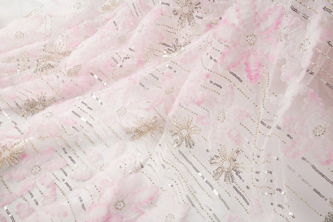 Pink 3D textured floral and silver sequin embroidery fabric