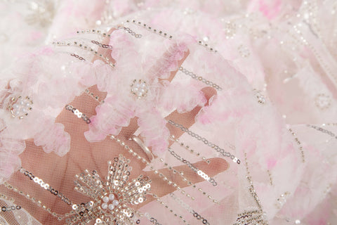 Pink 3D textured floral and silver sequin embroidery fabric