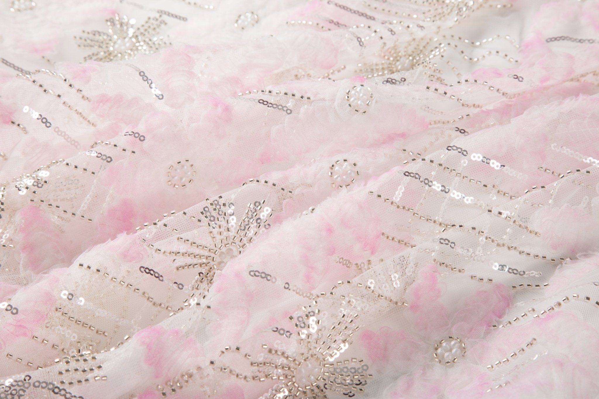 Pink 3D textured floral and silver sequin embroidery fabric