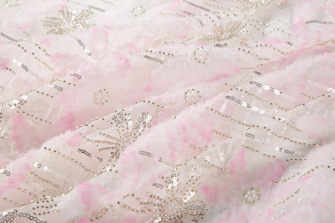 Pink 3D textured floral and silver sequin embroidery fabric