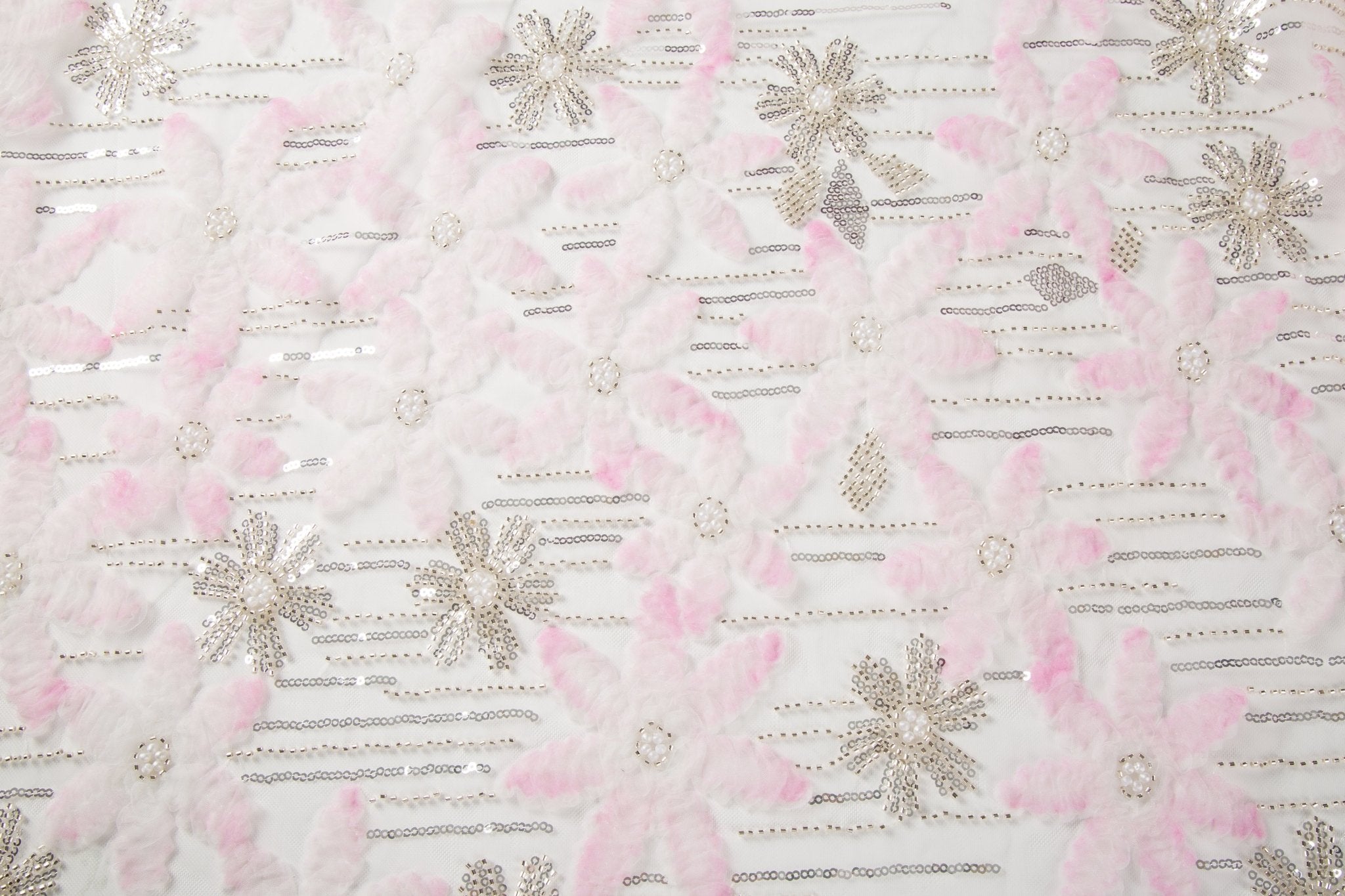 Pink 3D textured floral and silver sequin embroidery fabric