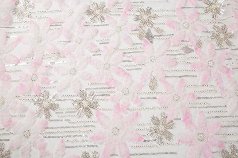 Pink 3D textured floral and silver sequin embroidery fabric