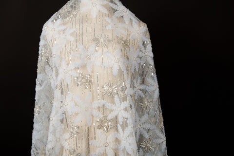 Blue 3D textured floral and silver sequin embroidery fabric.