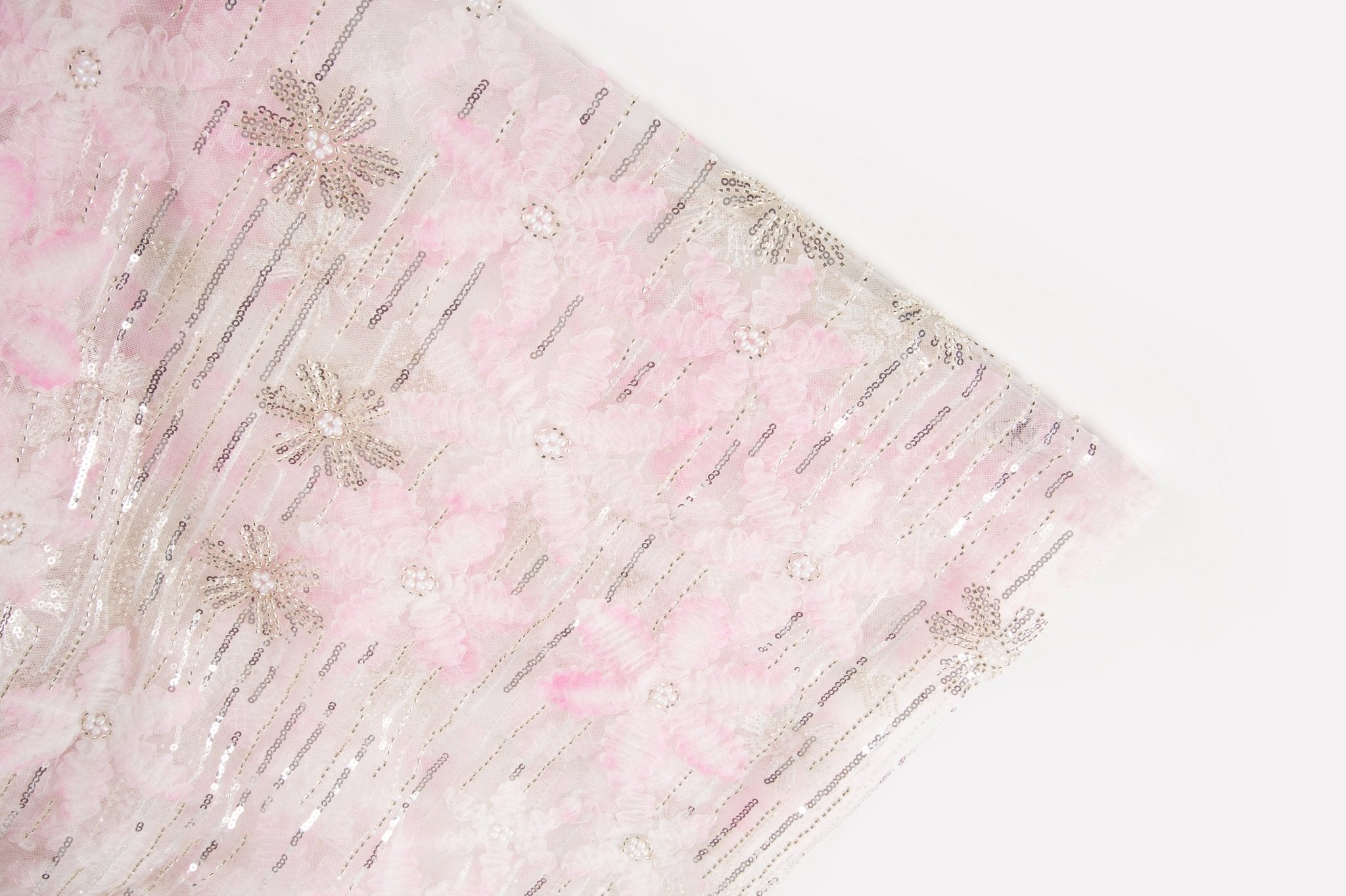 Pink 3D textured floral and silver sequin embroidery fabric
