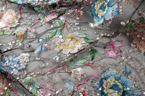 A multi-color floral sequin embroidery fabric on a black mesh base.
