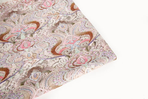 A luxurious sequin embroidery fabric, with a classic damask or brocade pattern in a soft, multi-color pastel palette.
