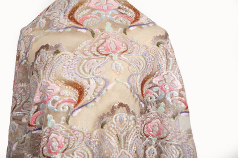 A luxurious sequin embroidery fabric, with a classic damask or brocade pattern in a soft, multi-color pastel palette.
